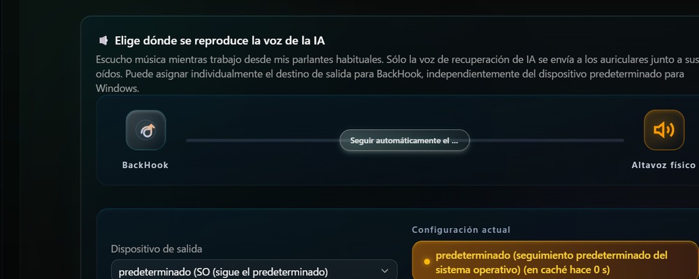 Pantalla de configuración para asignar la salida de voz de cada IA a un dispositivo específico
