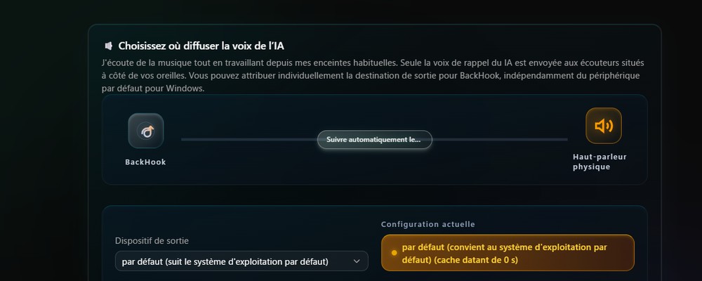 Écran de configuration pour attribuer la sortie vocale de chaque IA à un appareil spécifique