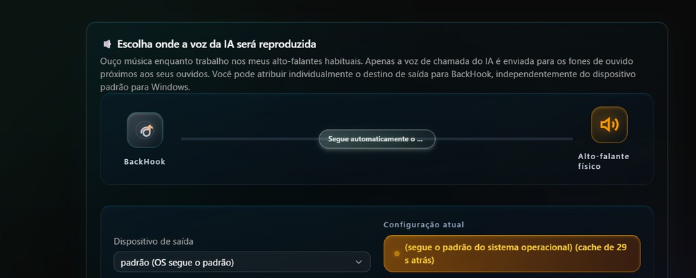 Tela de configuração para atribuir a saída de voz de cada IA a um dispositivo específico