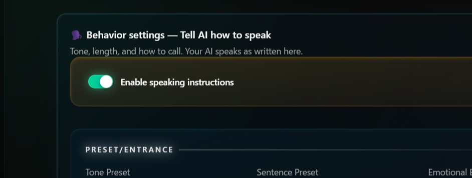 Behavior settings — screen for telling the AI how to speak (free-text field)