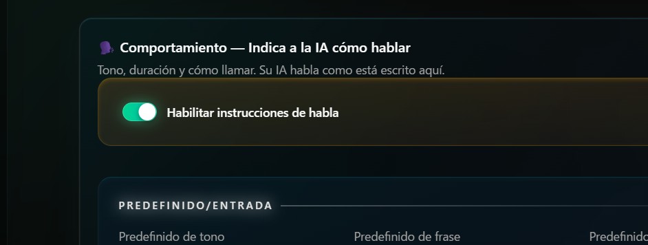 Configuración de comportamiento — pantalla para indicarle a la IA cómo hablar (campo de texto libre)