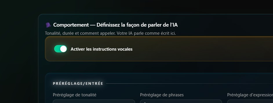 Réglages de comportement — écran pour indiquer à l'IA comment parler (champ de texte libre)