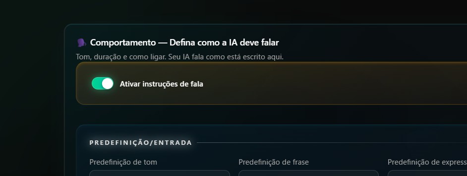 Configurações de comportamento — tela para dizer à IA como falar (campo de texto livre)
