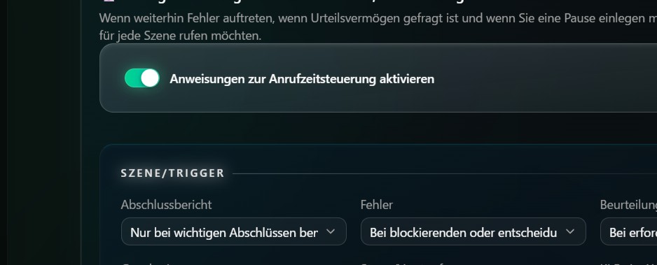 Detaillierter Einstellungsbildschirm für den Ruf-Zeitpunkt: Abschluss, Fehler, Entscheidung, Freigabe, Stopp und mehr