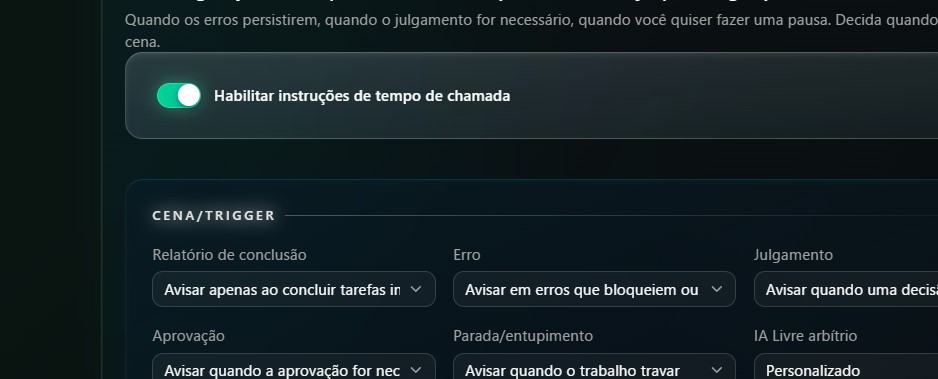 Tela de configuração detalhada do horário de chamada: conclusão, erro, decisão, aprovação, parada e mais