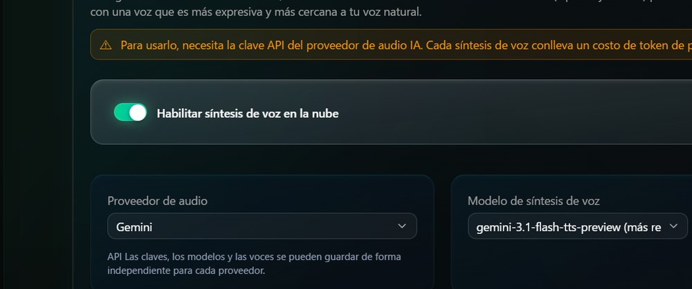 Pantalla de configuración para conectar con un motor de voz en la nube más natural