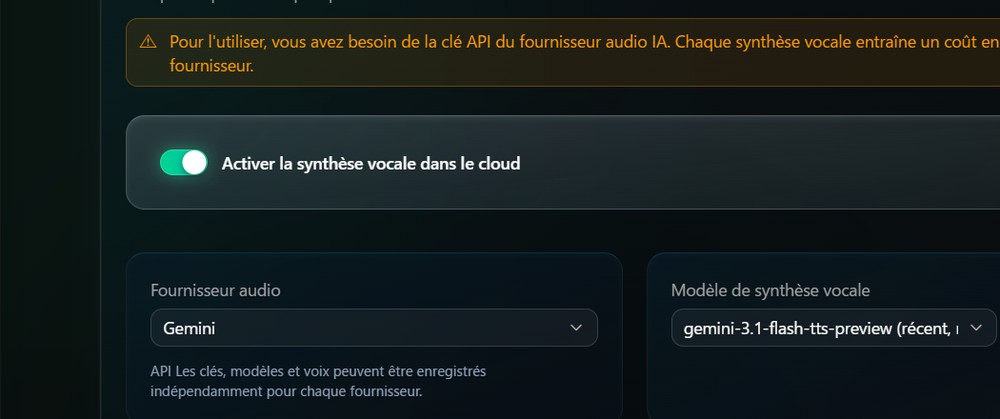 Écran de configuration pour se connecter à un moteur vocal cloud plus naturel
