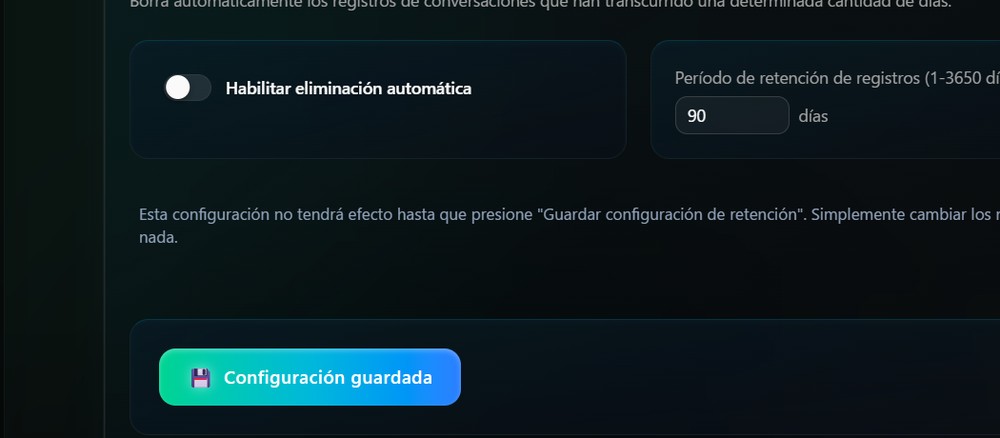 Pantalla de registro para gestionar el historial de cuándo te habló la IA