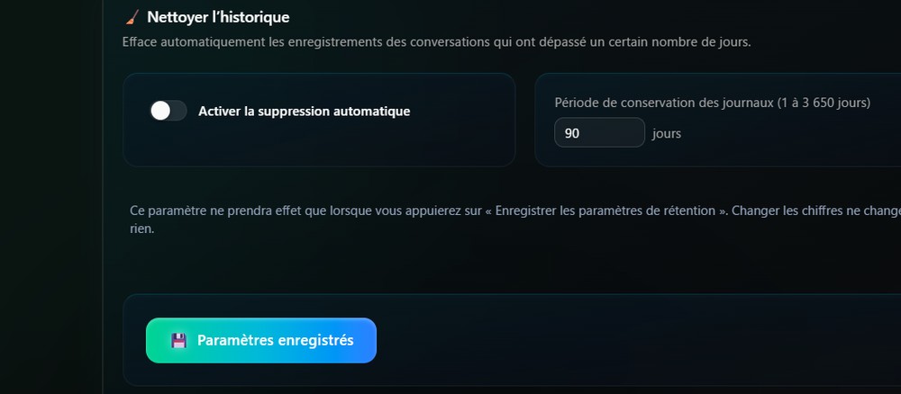 Écran de journal pour gérer l'historique des moments où l'IA vous a parlé