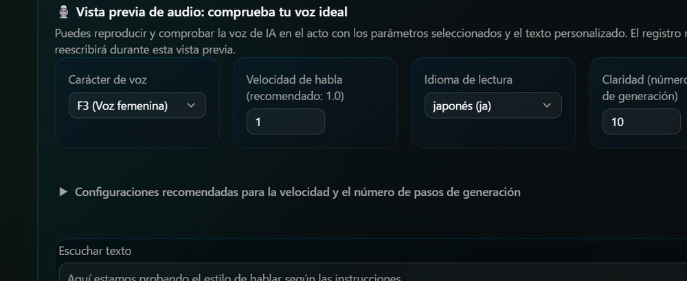 Pantalla para elegir personaje de voz, velocidad y etiquetas de emoción mientras las escuchas