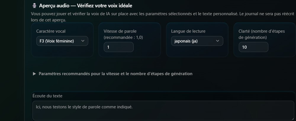 Écran pour choisir personnage vocal, vitesse et tags d'émotion tout en les écoutant