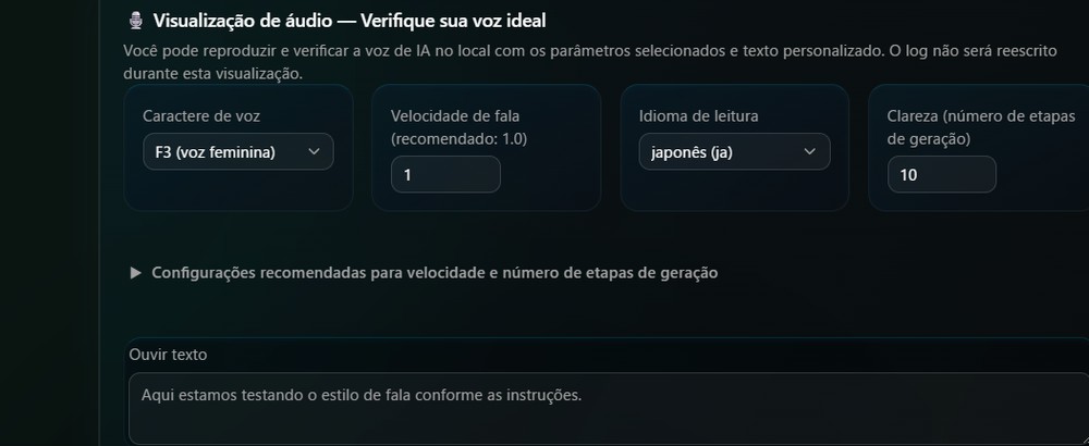 Tela para escolher personagem de voz, velocidade e tags de emoção enquanto ouve prévias